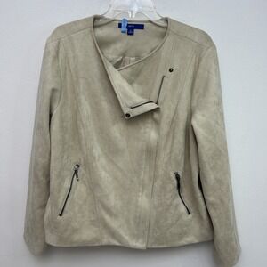 Woman's Apt. 9 Women's Faux Suede Jacket, Lined Beige Zip Up, Zipped Pockets, XL
